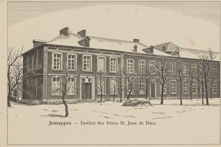 Lithographie ancienne de l'Institut des Frères de Saint-Jean de Dieu à Jemappes, style J.J. Grandville, illustrant un bâtiment hospitalier historique du XIXe siècle sous la neige.