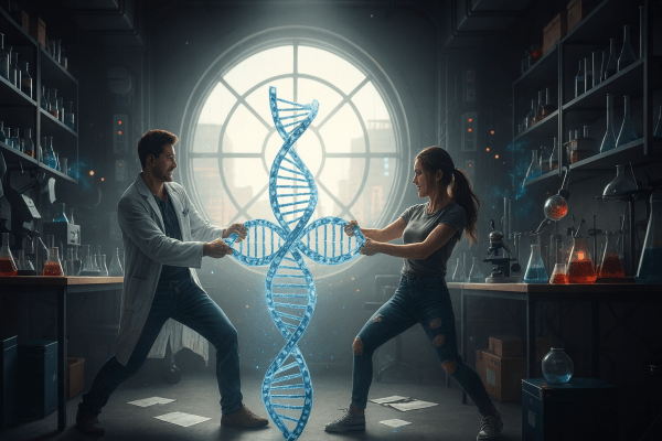 Deux individus se battent pour une hélice d'ADN dans un laboratoire, illustrant les conflits familiaux délicats causés par la généalogie génétique.