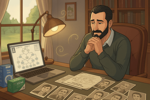 Arnaud, généalogiste amateur, étudiant son arbre généalogique à l’aide de tests ADN