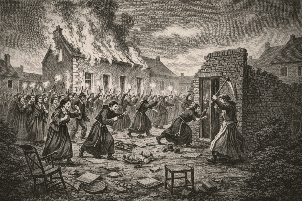 Illustration en noir et blanc de style gravure du XIXe siècle montrant une foule en colère devant une maison en flammes lors des émeutes de 1857 à Jemappes, inspirée par J.J. Grandville.