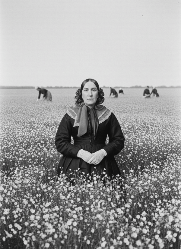 Portrait photographique de Angélique Delputte-Lepoutre, sujet du livre 'Les 4 saisons d'Angélique'. Elle est représentée assise, portant une robe sombre du XIXe siècle avec un col en dentelle et des gants blancs, dans un style de daguerréotype ancien.