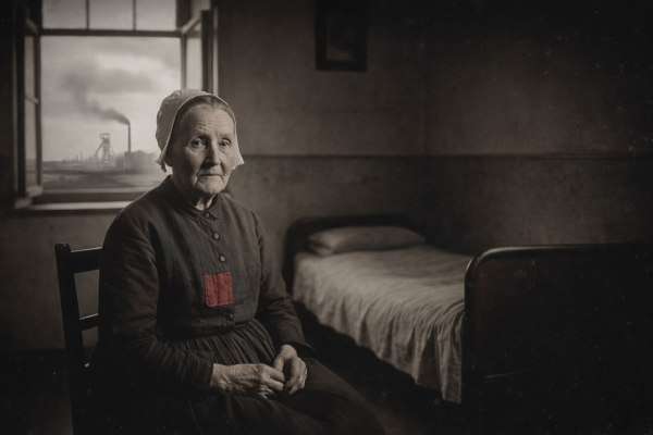 Portrait d’une femme ouvrière âgée du XIXᵉ siècle à Jemappes, assise dans une chambre modeste avec une mine de charbon visible par la fenêtre, symbole du monde ouvrier belge et de l’histoire industrielle du Hainaut