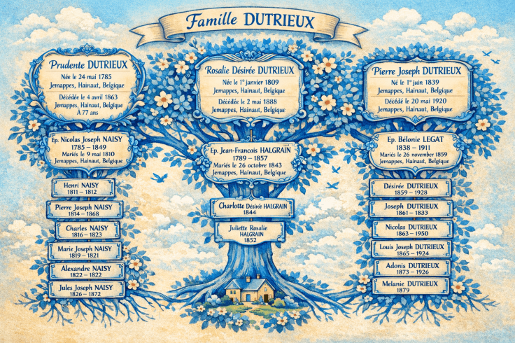 Arbre généalogique illustré de la famille Dutrieux, en nuances de bleu, présentant trois générations avec Prudente Dutrieux, Rosalie Désirée Dutrieux et Pierre Joseph Dutrieux, leurs époux et leurs descendants à Jemappes, Hainaut, Belgique.