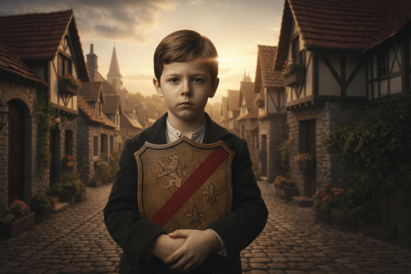 Illustration d'un jeune garçon d'époque tenant un bouclier en bois marqué d'une barre diagonale rouge (barre de bâtardise) surmontant des fleurs de lys. Il se tient au centre d'une rue médiévale pavée sous une lumière de fin de journée.