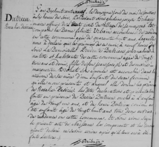 Extrait de naissance de Rosalie Desiree Dutrieux