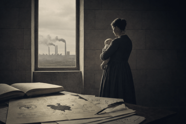 Photographie d'époque d'une mère tenant son bébé devant une fenêtre ouvrant sur une zone industrielle du 19e siècle, avec au premier plan des documents d'archives juridiques et une tache d'encre.