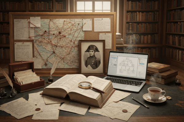 Un bureau de généalogiste avec un ordinateur affichant un arbre généalogique, entouré de vieux registres, de parchemins, d'un portrait de Napoléon Ier et d'une carte ancienne reliée par des fils rouges.