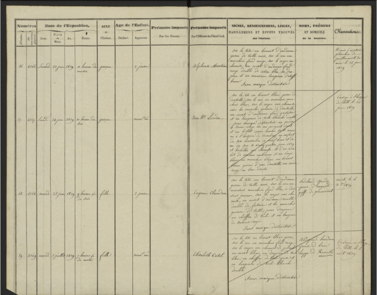 Double page du registre des enfants trouvés de l'hospice de Cambrai datant de 1839, listant les nouveau-nés abandonnés avec descriptions de leurs vêtements.