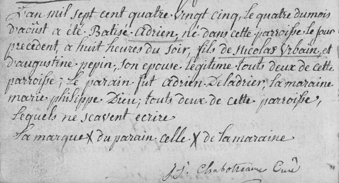 Registre paroissial manuscrit de 1785 présentant l'acte de baptême d'Adrien Urbain. On distingue l'écriture cursive ancienne précisant sa date de naissance, les noms de ses parents Nicolas Urbain et Augustine Pepin, ainsi que les croix de signature du parrain et de la marraine.