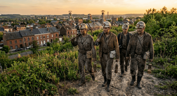 Groupe de mineurs de fond marchant sur un terril surplombant les maisons ouvrières et les puits de mine du Borinage à la tombée du jour, illustrant l'histoire sociale et la généalogie de mes ancêtres borains.