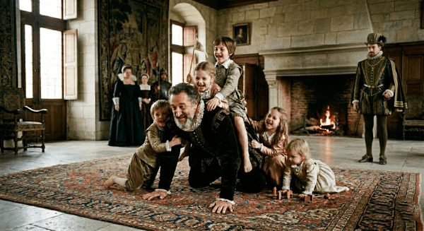 Henri IV jouant avec ses enfants dans un château, illustration d’un roi entouré de nombreux enfants, image générée par intelligence artificielle