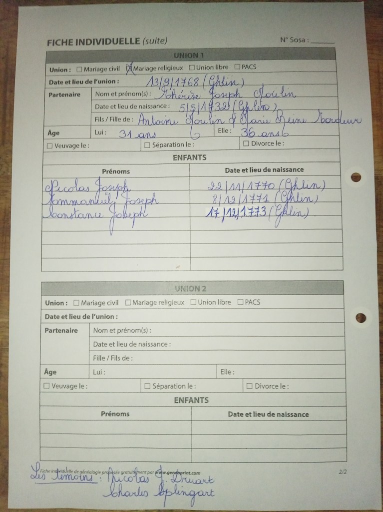 SuiteFiche généalogique individuelle de Thérèse Joseph Moulin, née en 1732 à Ghlin, remplie à la main avec les sections Général, Filiation, Naissance, Baptême et Décès."