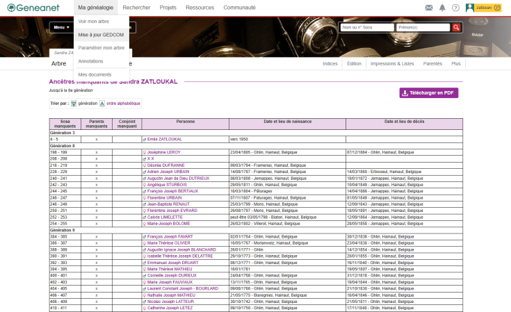 Capture d'écran de l'outil "Ancêtres manquants" sur Geneanet affichant une liste de noms, de dates et de lieux en Belgique (Ghlin, Jemappes, Villerot) avec des croix indiquant les parents et conjoints restant à trouver.