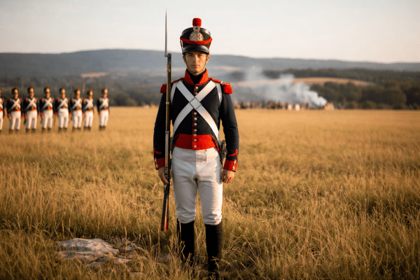 Photographie d'un homme en costume historique de soldat napoléonien (infanterie de ligne) debout dans un champ au coucher du soleil. Il porte l'uniforme bleu et rouge caractéristique, un shako sur la tête et tient un fusil à baïonnette. D'autres soldats sont visibles en arrière-plan.