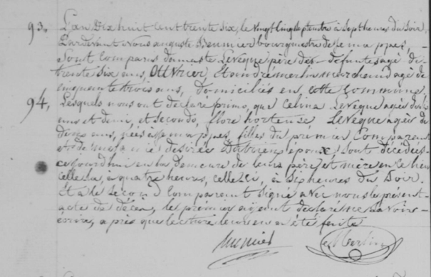 Registre d'état civil de Jemappes montrant l'acte de décès manuscrit de 1836 pour deux sœurs, Célina et Flore Hortense Levêque.