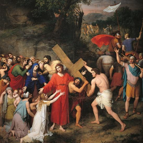 Peinture néoclassique de Gaspare Landi intitulée "Procession vers le Calvaire". On y voit Jésus-Christ au centre, vêtu d'une tunique rouge éclatante, portant la croix. Il est entouré de femmes éplorées à ses pieds et de soldats romains, dans une composition dramatique marquant le chemin vers la crucifixion.