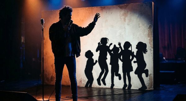 Illustration conceptuelle pour un article sur les enfants illégitimes des stars : l'ombre d'un chanteur pop révèle une nombreuse fratrie d'enfants cachés.