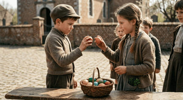 Deux enfants en vêtements d'époque dans un village wallon du milieu du XXe siècle pratiquant le cognage des œufs de Pâques. Un garçon et une fille se font face au-dessus d'un panier en osier rempli d'œufs colorés, tenant chacun un œuf prêt pour le défi. En arrière-plan, une église en briques rouges et des pavés traditionnels.