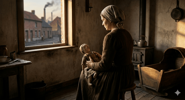 Photographie d'époque reconstituée d'une femme ouvrière triste assise dans une pièce spartiate, tenant une poupée en tissu. Un berceau vide et une fenêtre donnant sur une usine polluante complètent la scène.