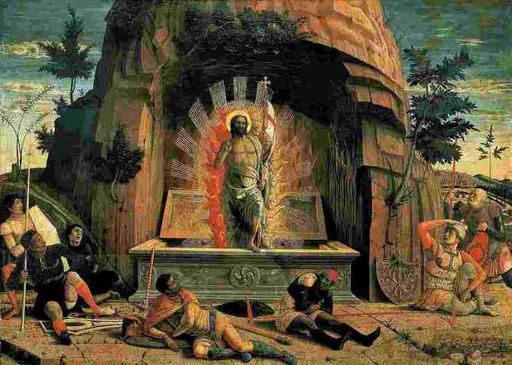 Peinture de la Renaissance d'Andrea Mantegna représentant la Résurrection du Christ. Jésus s'élève d'un tombeau de pierre entouré d'une aura lumineuse et de chérubins, tandis que des soldats romains en armure, surpris ou endormis, se trouvent au premier plan devant un paysage rocheux.