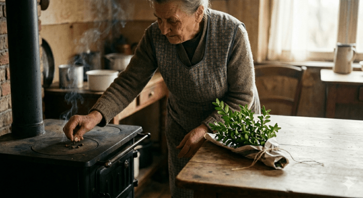 Une femme âgée en tablier traditionnel dans une cuisine rustique wallonne du milieu du XXe siècle, déposant des clous de girofle sur un poêle à charbon fumant. Sur une table en bois brut à côté, un bouquet de buis bénit est posé.