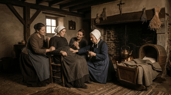 Photographie d'époque reconstituée d'un accouchement traditionnel en Wallonie. Quatre femmes entourent une femme enceinte assise sur une chaise au coin d'une grande cheminée rustique.