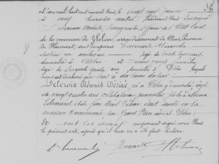 Acte de décès manuscrit d'Adonis Désiré Delcroix, âgé de 24 ans, dressé à la commune de Ghlin en janvier 1893.