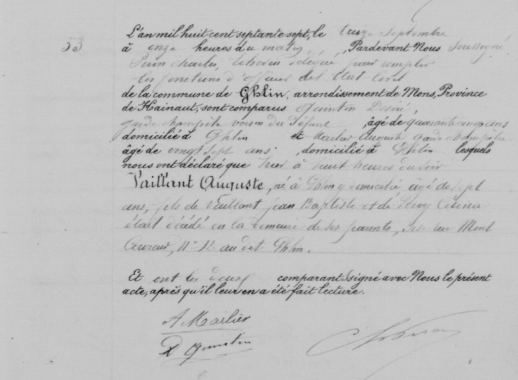 Acte de décès manuscrit d'Auguste Vaillant, 7 ans, rédigé à la commune de Ghlin en septembre 1877.