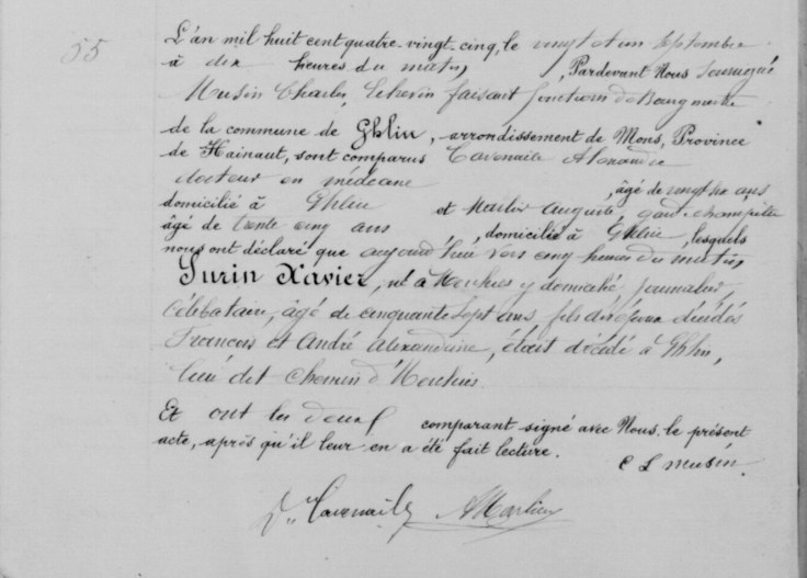 Acte de décès manuscrit de Xavier Surin, âgé de 57 ans, dressé à la commune de Ghlin en septembre 1885.