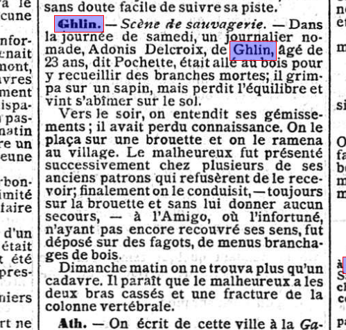 Coupure de presse de février 1893 décrivant l'accident mortel et le calvaire d'Adonis Delcroix à Ghlin.