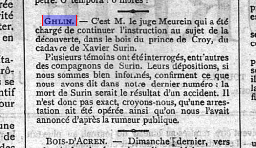 Coupure de presse de septembre 1885 rectifiant les rumeurs sur la mort accidentelle du braconnier Xavier Surin dans le bois de Ghlin.