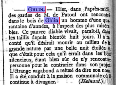 Coupure de presse de mars 1887 relatant la découverte d'un vagabond mystérieux caché dans le bois de Ghlin.