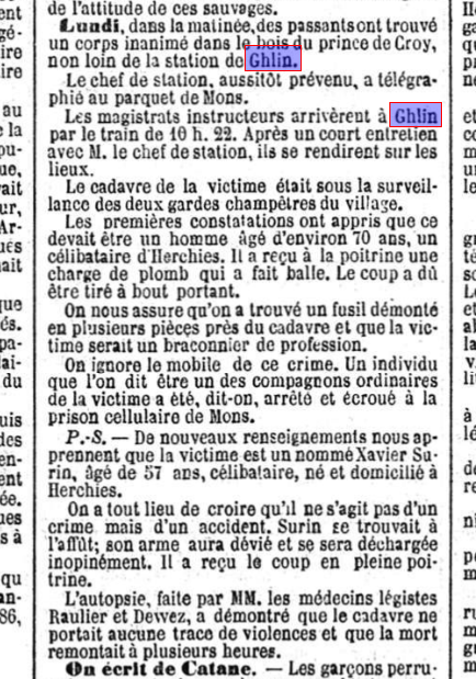 Coupure de presse de septembre 1885 détaillant la découverte du corps du braconnier Xavier Surin près de la station de Ghlin.