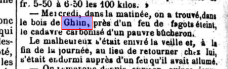 Coupure de presse ancienne de 1873 relatant la mort tragique d'un bûcheron carbonisé dans le bois de Ghlin.