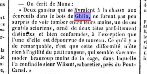 Extrait de journal ancien de mai 1858 relatant la capture d'un écureuil à deux têtes dans le bois de Ghlin.