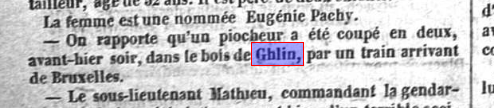 Coupure de presse de juillet 1881 relatant l'accident de train mortel d'un piocheur dans le bois de Ghlin.