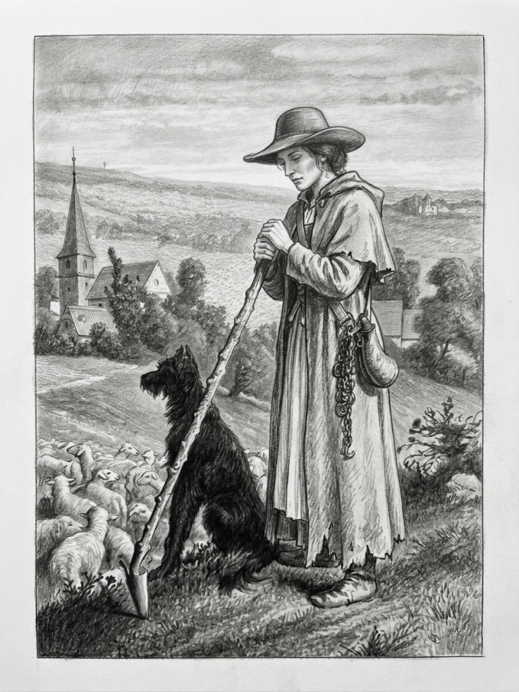 Dessin au fusain d'une bergère en costume d'époque avec un large chapeau et une cape, gardant ses moutons avec un chien noir devant un village et son église.