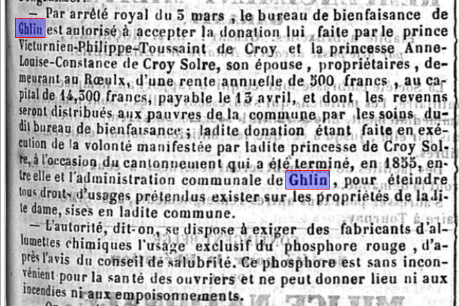 Extrait de journal ancien rapportant un arrêté royal du 5 mars. Le texte autorise le bureau de bienfaisance de Ghlin à accepter une donation de 500 francs annuels faite par le prince Victurnien-Philippe-Toussaint de Croÿ et son épouse, la princesse Anne-Louise-Constance de Croÿ Solre, afin d’aider les pauvres de la commune de Ghlin. Le mot "Ghlin" est surligné en rouge et bleu.