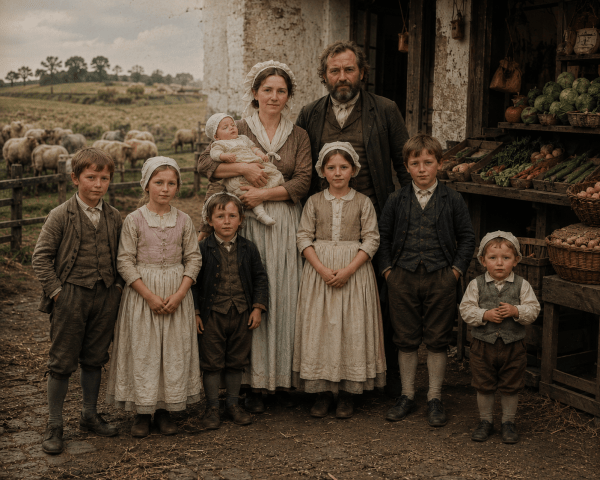 Photographie d'époque reconstituée montrant une famille paysanne du 18ème siècle à Ghlin, Belgique. Un couple est debout devant une maison en pierre, la femme tenant un bébé et portant un bonnet blanc, l'homme barbu à ses côtés. Sept enfants de différents âges, en vêtements traditionnels, sont rangés devant eux. À gauche, un troupeau de moutons dans un champ ; à droite, un étal en bois rempli de choux et de légumes (maraîchage). L'ambiance évoque la vie rurale historique de la famille Delattre-Petit.
