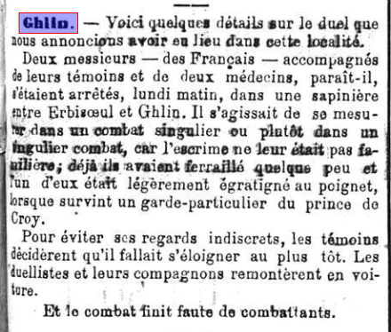 Extrait de journal ancien de 1880 racontant une anecdote de duel à l'épée interrompu dans une sapinière à Ghlin.