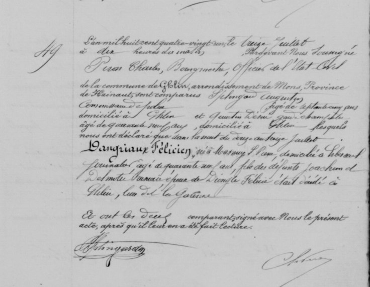 Acte de décès manuscrit de Félicien Dangriaux, âgé de 49 ans, dressé à la commune de Ghlin en juillet 1881.