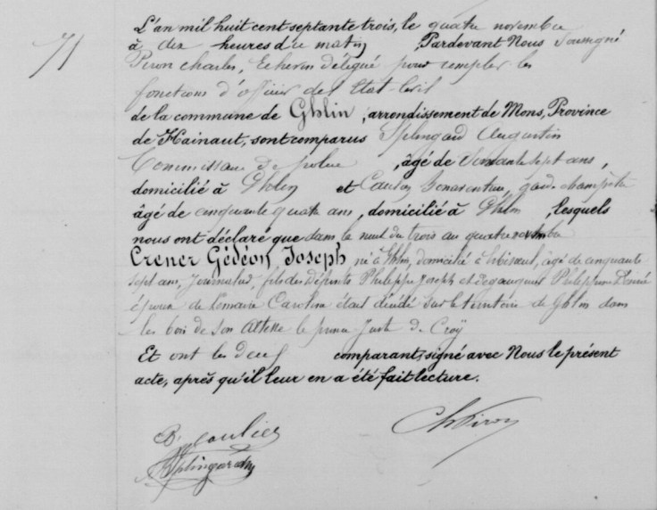 Acte de décès manuscrit de Gédéon Joseph Crener, âgé de 57 ans, dressé à la commune de Ghlin en novembre 1873.