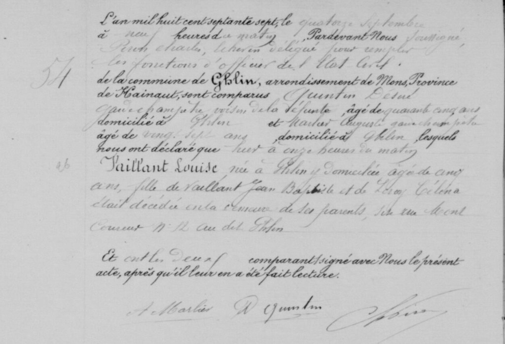 Acte de décès manuscrit de Louise Vaillant, âgée de 5 ans, dressé à la commune de Ghlin en septembre 1877.