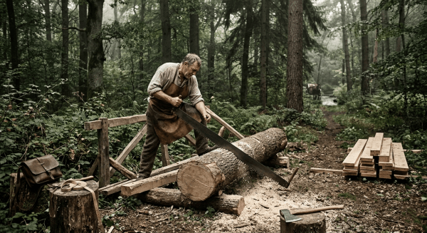 Illustration historique d'un scieur débitant un tronc d'arbre avec une scie dans le bois de Ghlin