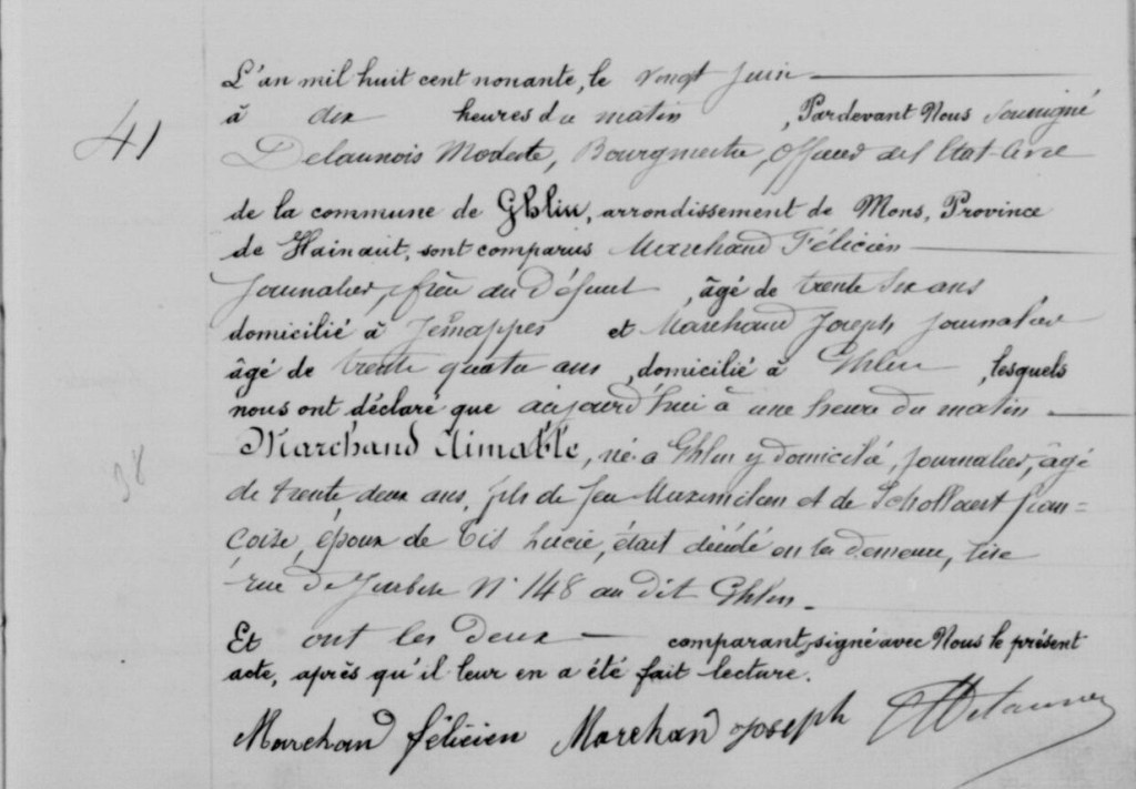 Registre de l'état civil de Ghlin montrant l'acte de décès numéro 41 d'Aimable Marchand en juin 1890.