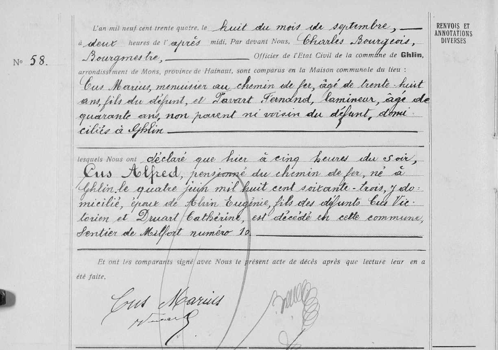Registre de l'état civil de Ghlin montrant l'acte de décès numéro 58 d'Alfred Cus en septembre 1934.