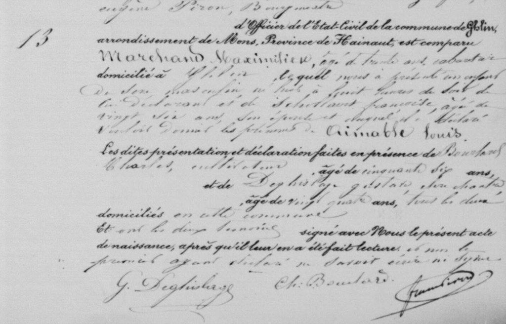 Registre de l'état civil de Ghlin montrant l'acte de naissance numéro 13 d'Aimable Louis Marchand en février 1858.