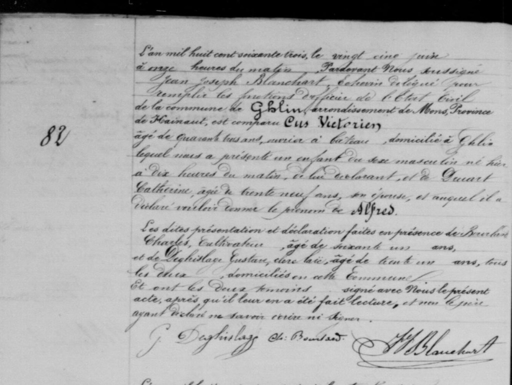 Registre de l'état civil de Ghlin montrant l'acte de naissance numéro 82 d'Alfred Cus en juin 1863.