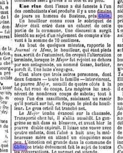Coupure de presse du Journal de Bruxelles de juin 1890 relatant la rixe sanglante du hameau du Busteau à Ghlin et l'affaire de l'orteil coupé.
