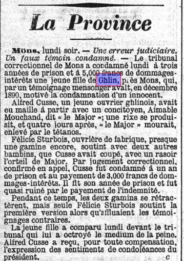 Coupure de presse de L'Indépendant belge de juillet 1893 annonçant la condamnation pour faux témoignage de Félicie Sturbois à Mons.
